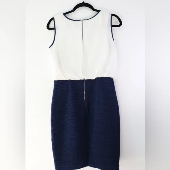 Maeve Anthropologie White Navy Blue Split Back Ruched Sheath Mini Dress Size 6 - Picture 4 of 8